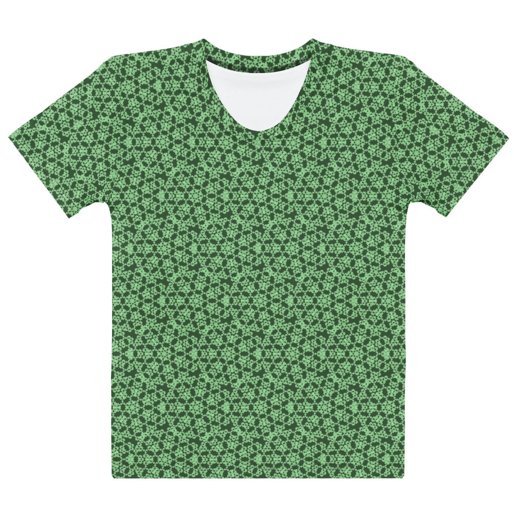 Front of the women's t-shirt with the 'Heptagon' green fractal geometric pattern.