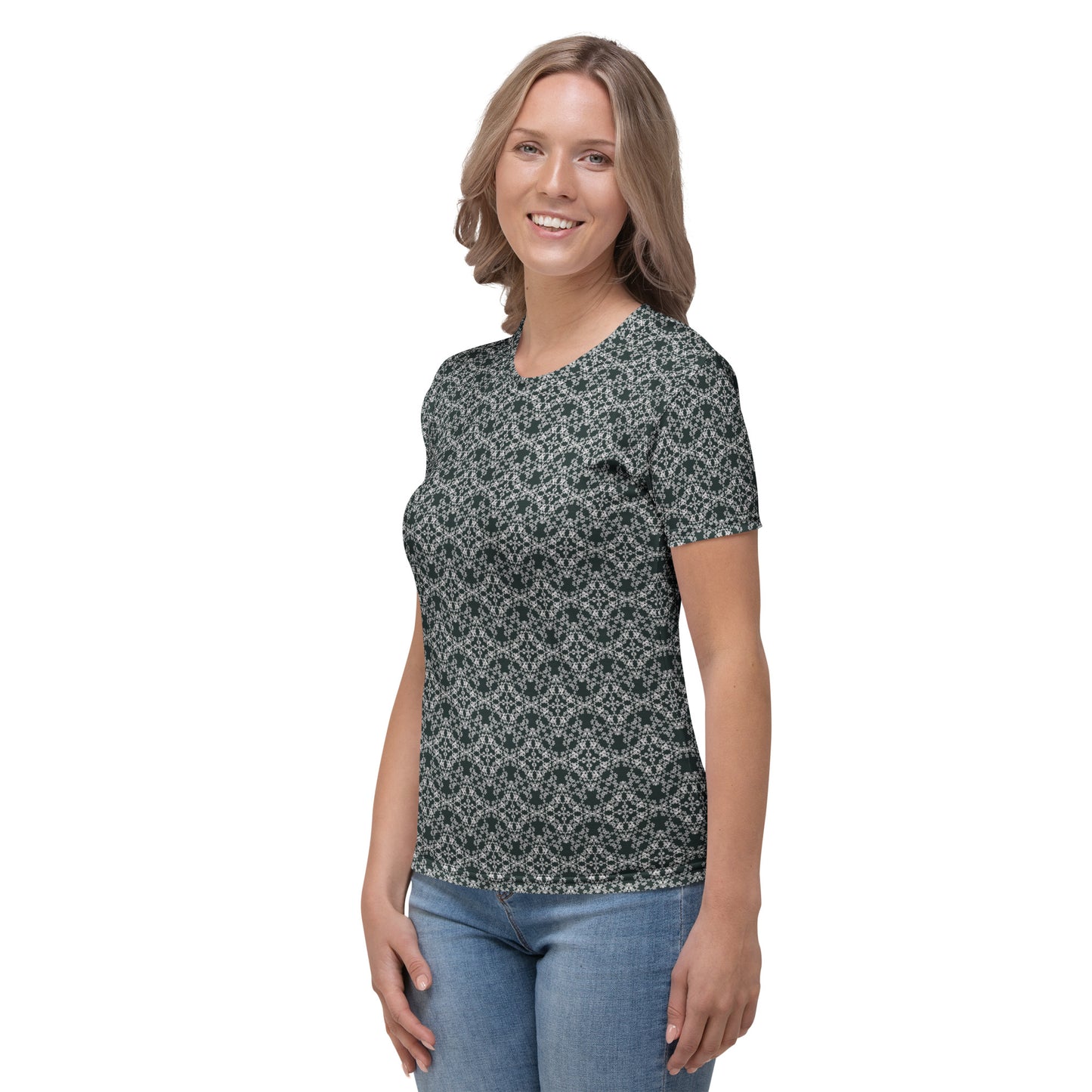 Left angle of a young woman wearing women's t-shirt with the 'Quadragon' charcoal and white fractal geometric pattern.