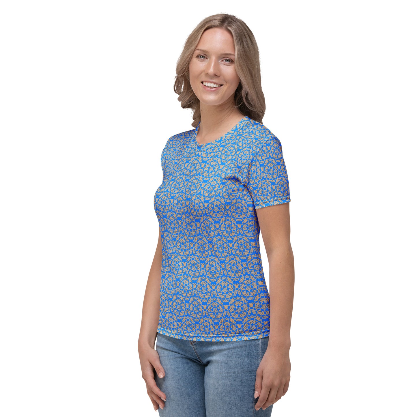 Left angle of a young woman wearing women's t-shirt with the 'Pentagon' blue and yellow fractal geometric pattern.