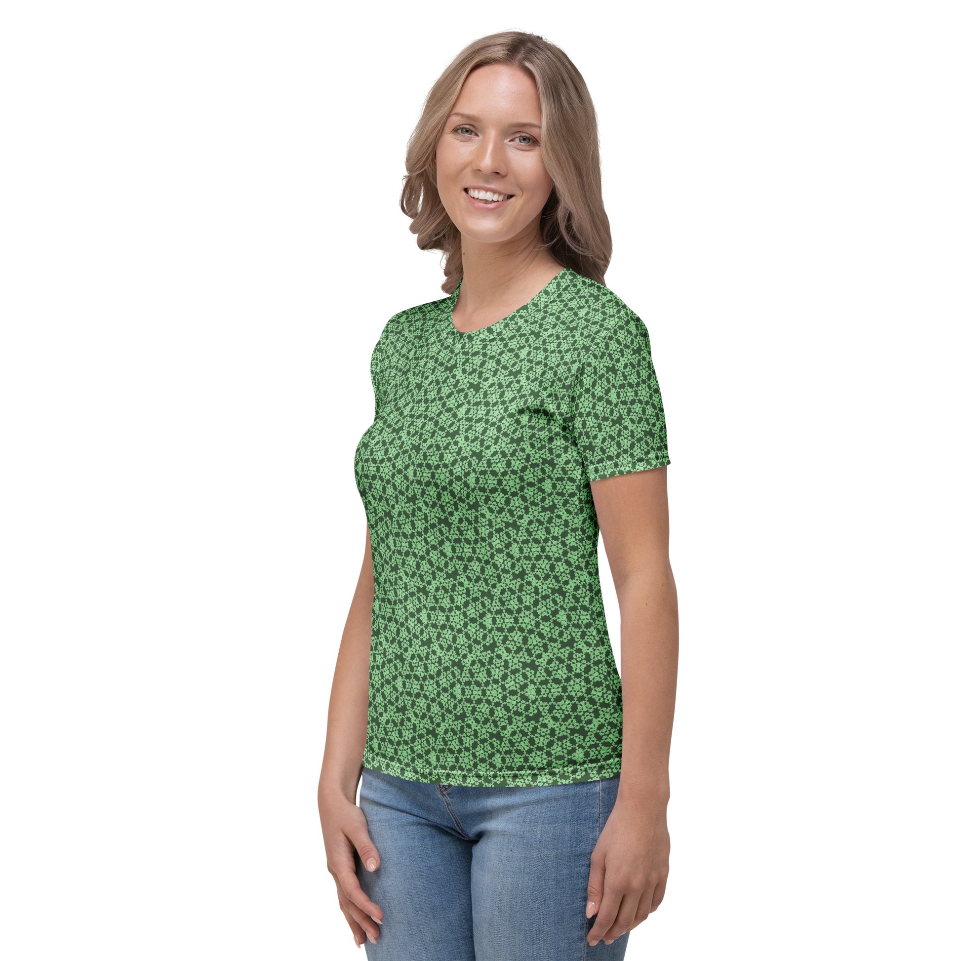 Left angle of a young woman wearing women's t-shirt with the 'Heptagon' green fractal geometric pattern.
