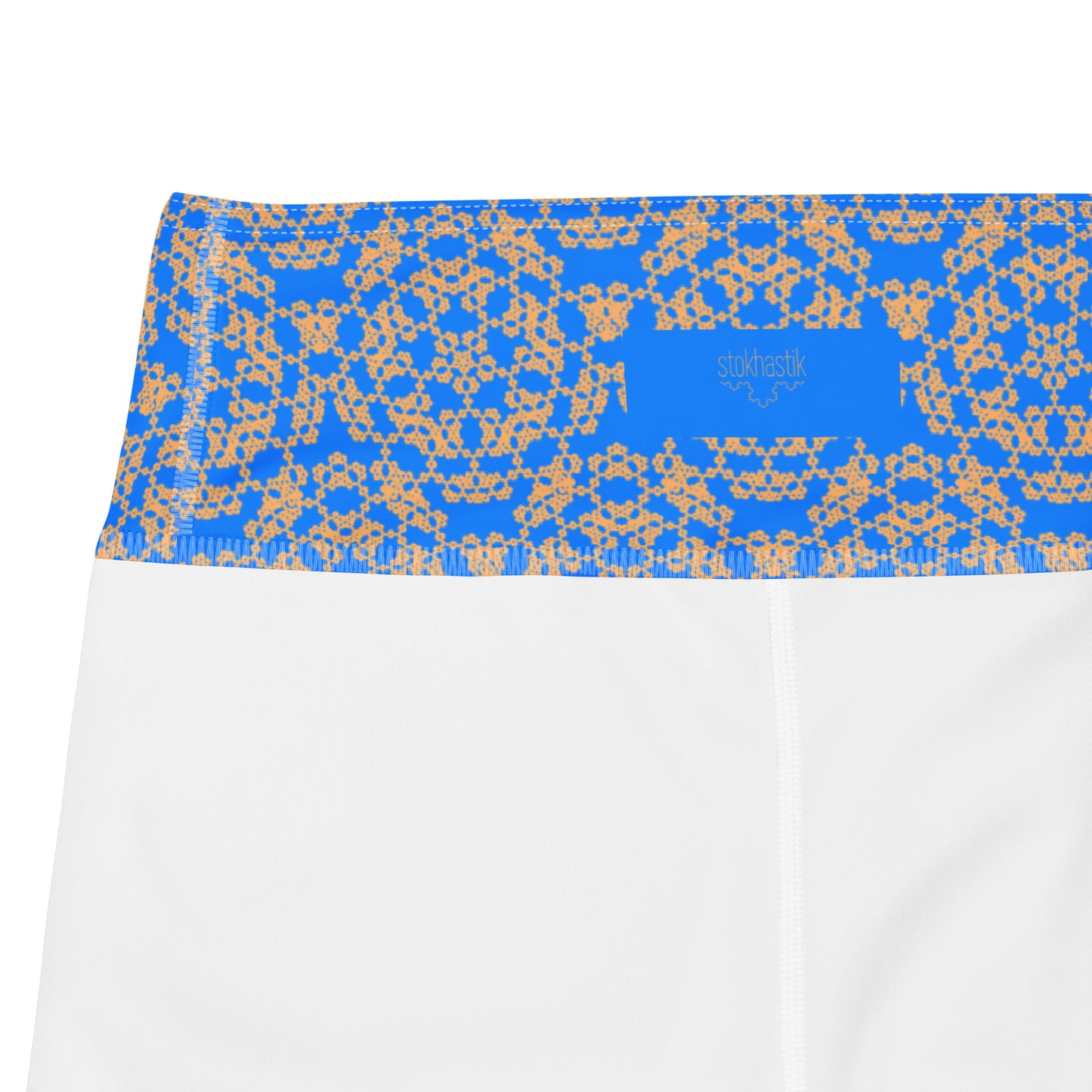 Inside of leggings with the 'Pentagon' blue and yellow fractal geometric pattern.