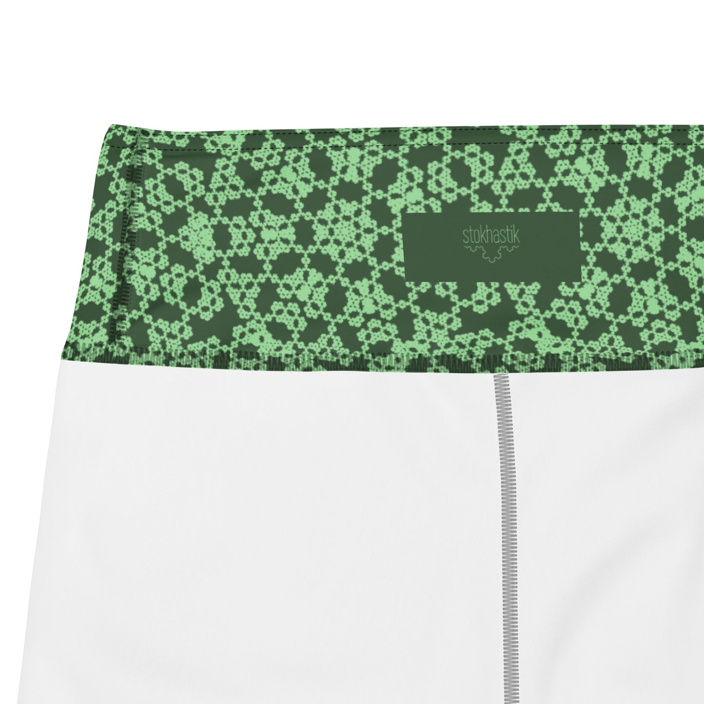 Inside of leggings with the 'Heptagon' green fractal geometric pattern.