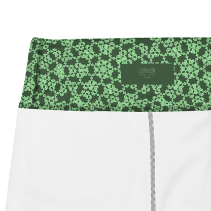 Inside of leggings with the 'Heptagon' green fractal geometric pattern.