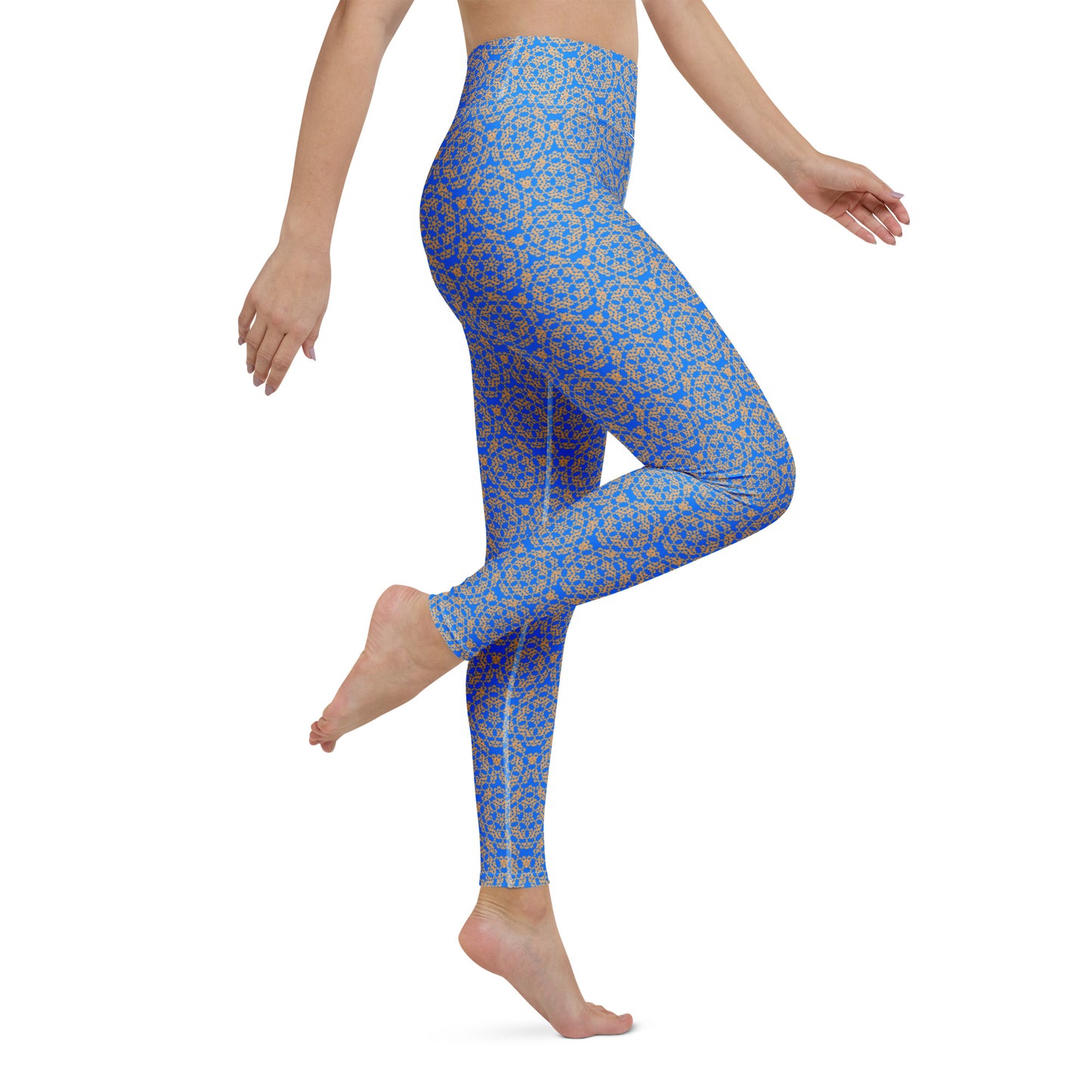Right close-up of the legs of a model wearing leggings with the 'Pentagon' blue and yellow fractal geometric pattern.