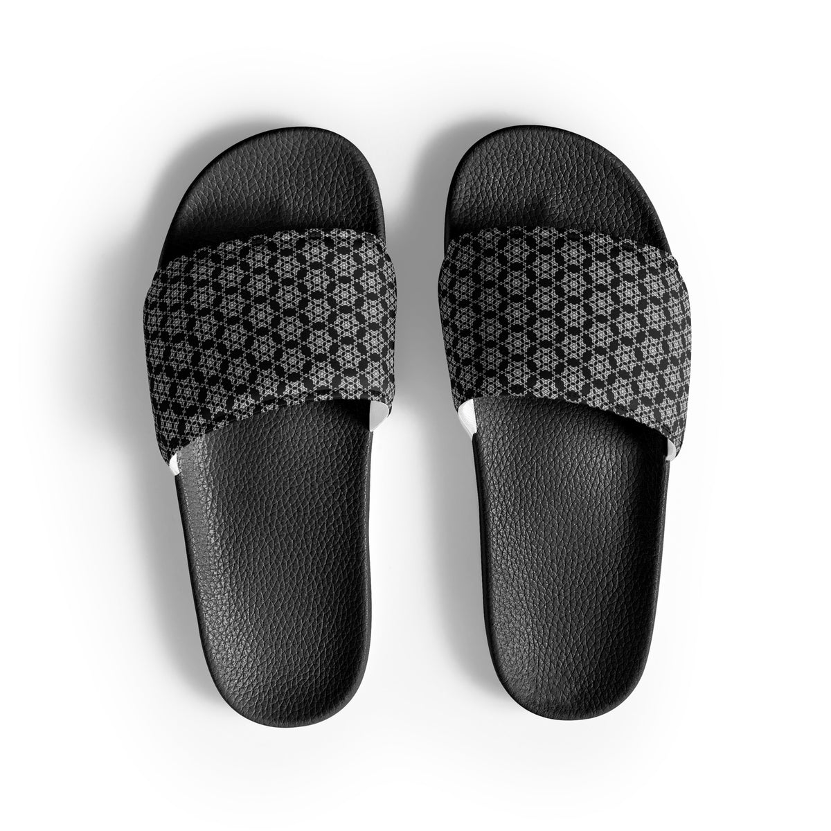 Top up view of men's sldes pair with the 'Hexagon' black and white fractal geometric pattern.