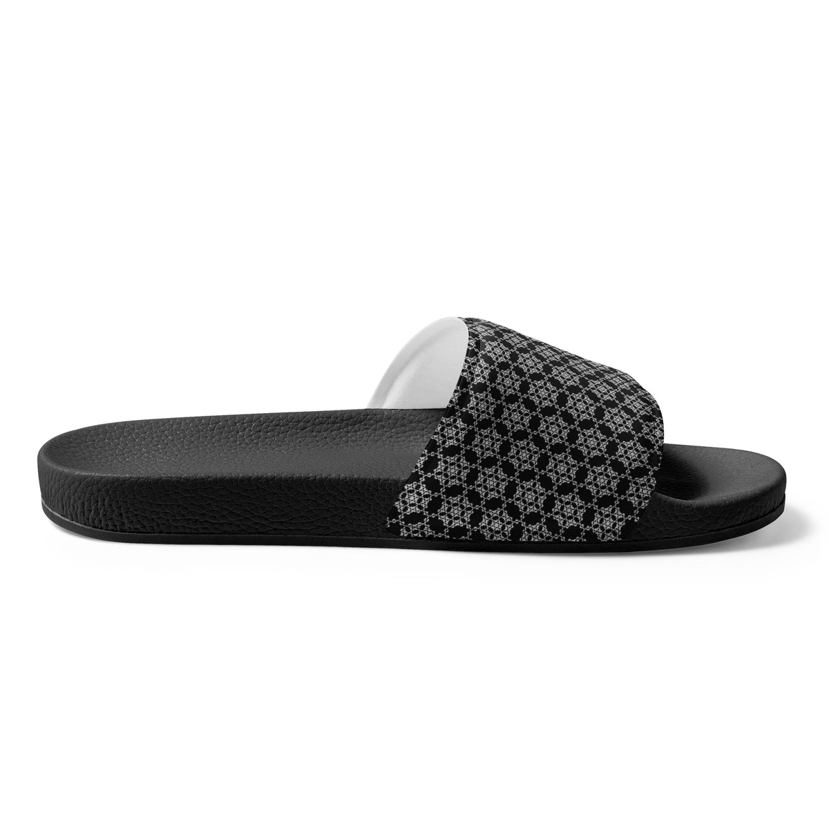 Side view of the left men's slde with the 'Hexagon' black and white fractal geometric pattern.