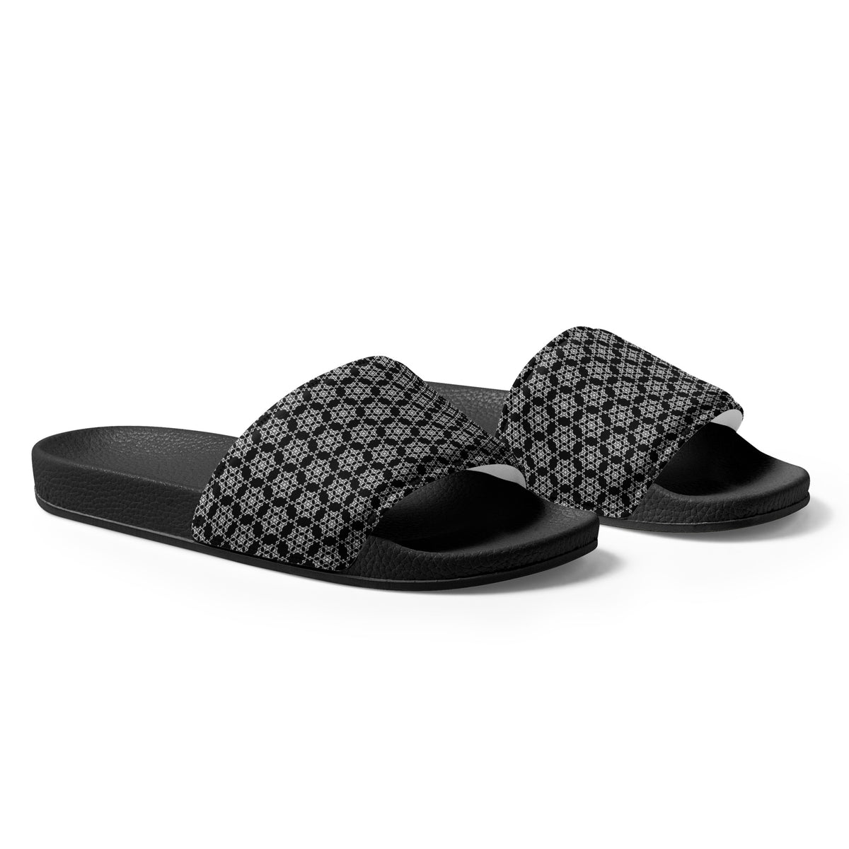 Right side view of men's sldes pair with the 'Hexagon' black and white fractal geometric pattern.