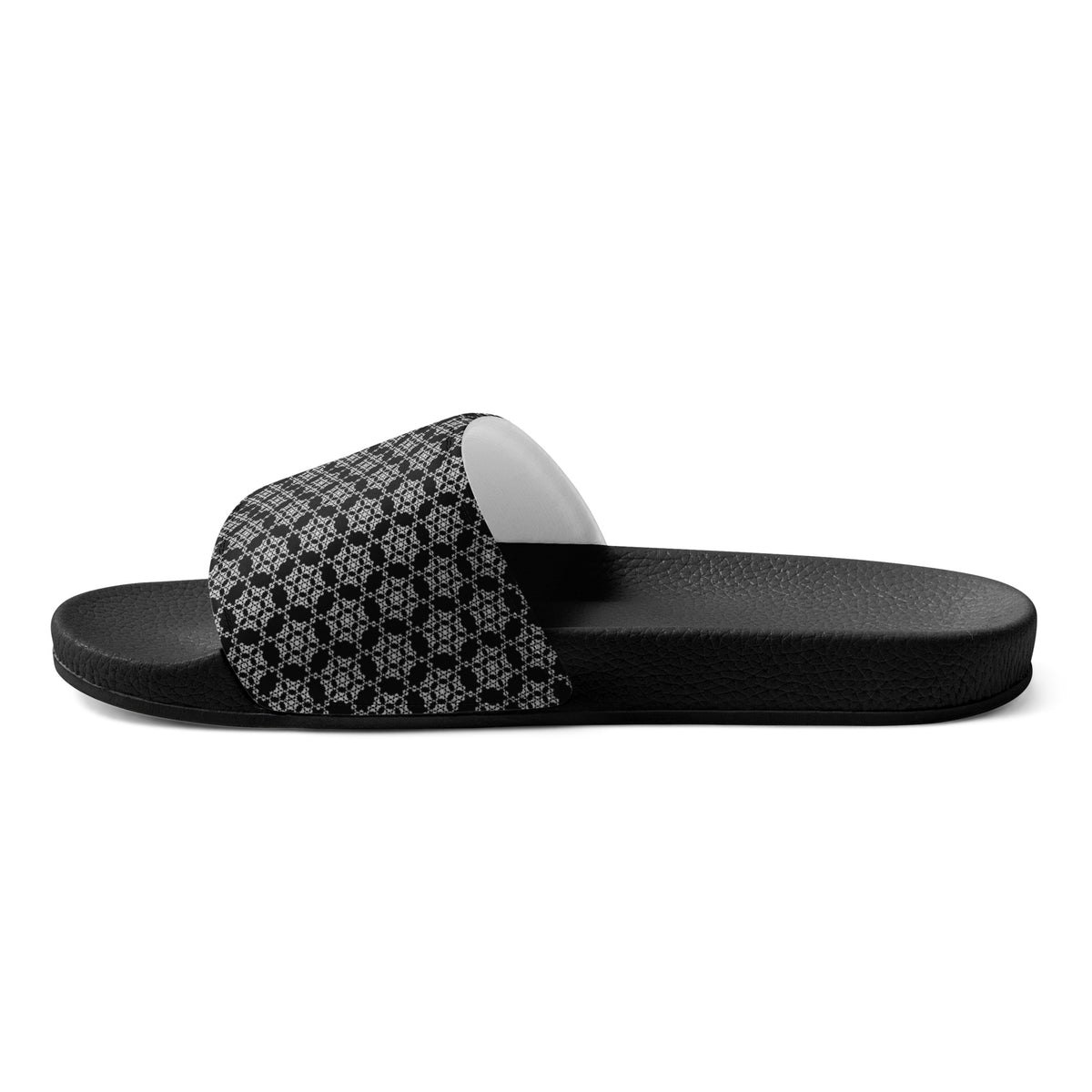 Side view of the right men's slde with the 'Hexagon' black and white fractal geometric pattern.