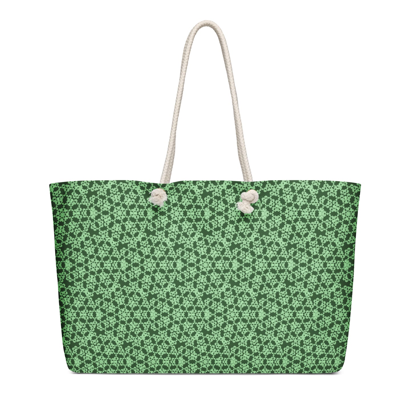 Right angle shot of the oversized weekender bag with the 'Heptagon' green fractal geometric pattern.