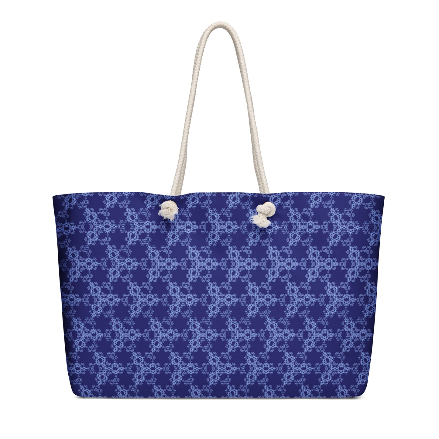 Oversized weekender bag with the 'Triagon' navy and blue fractal geometric pattern.
