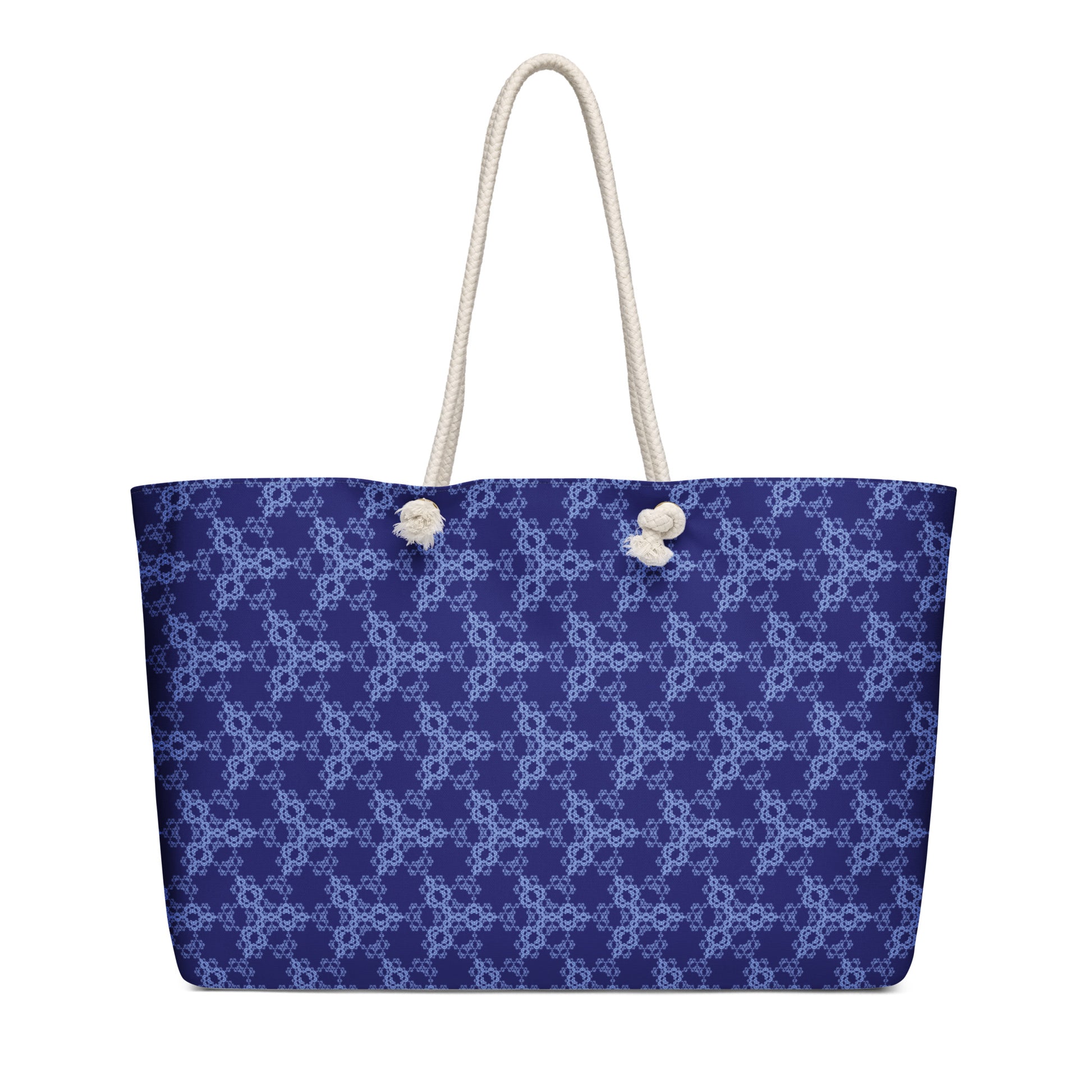 Oversized weekender bag with the 'Triagon' navy and blue fractal geometric pattern.