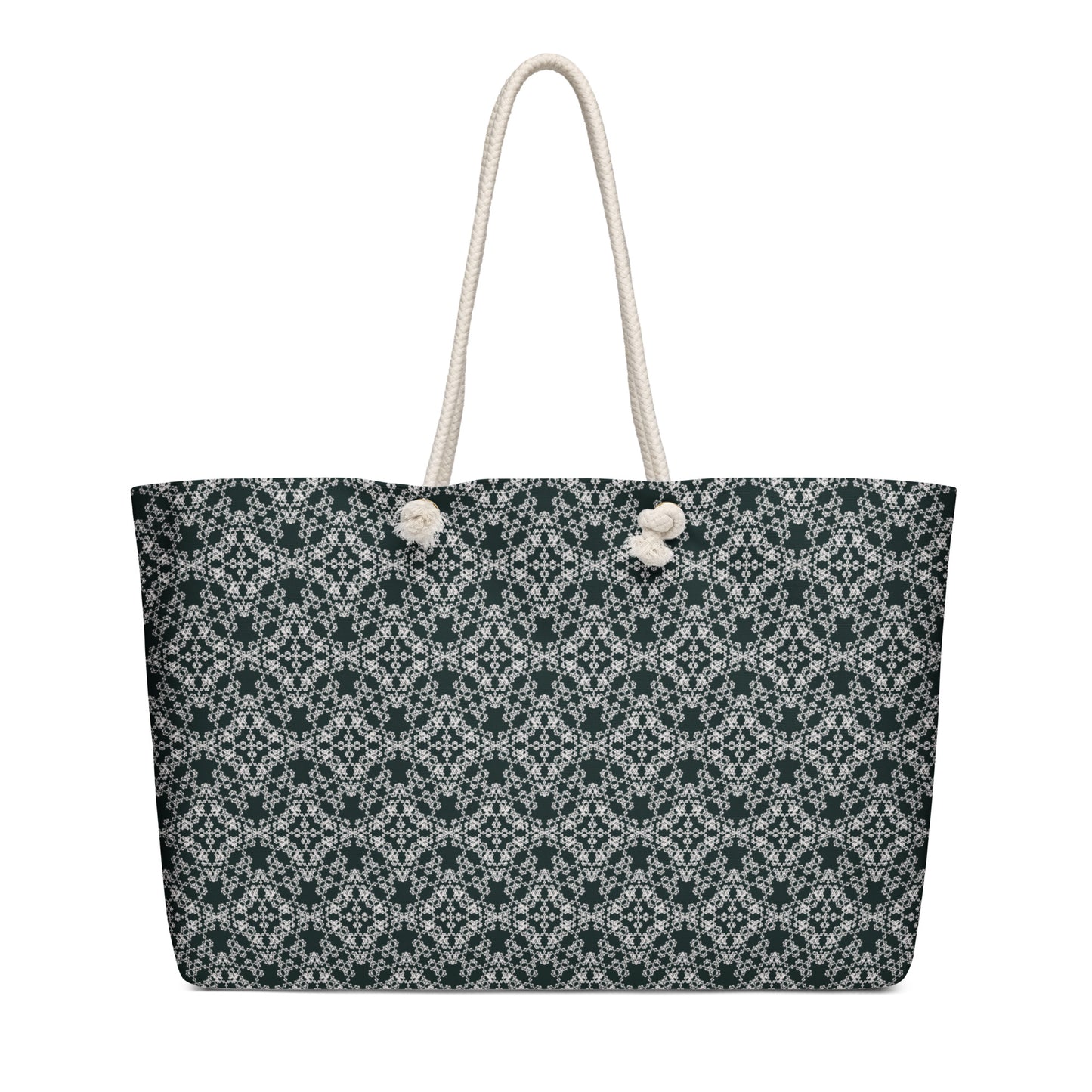 Oversized weekender bag with the 'Quadragon' charcoal and white fractal geometric pattern.