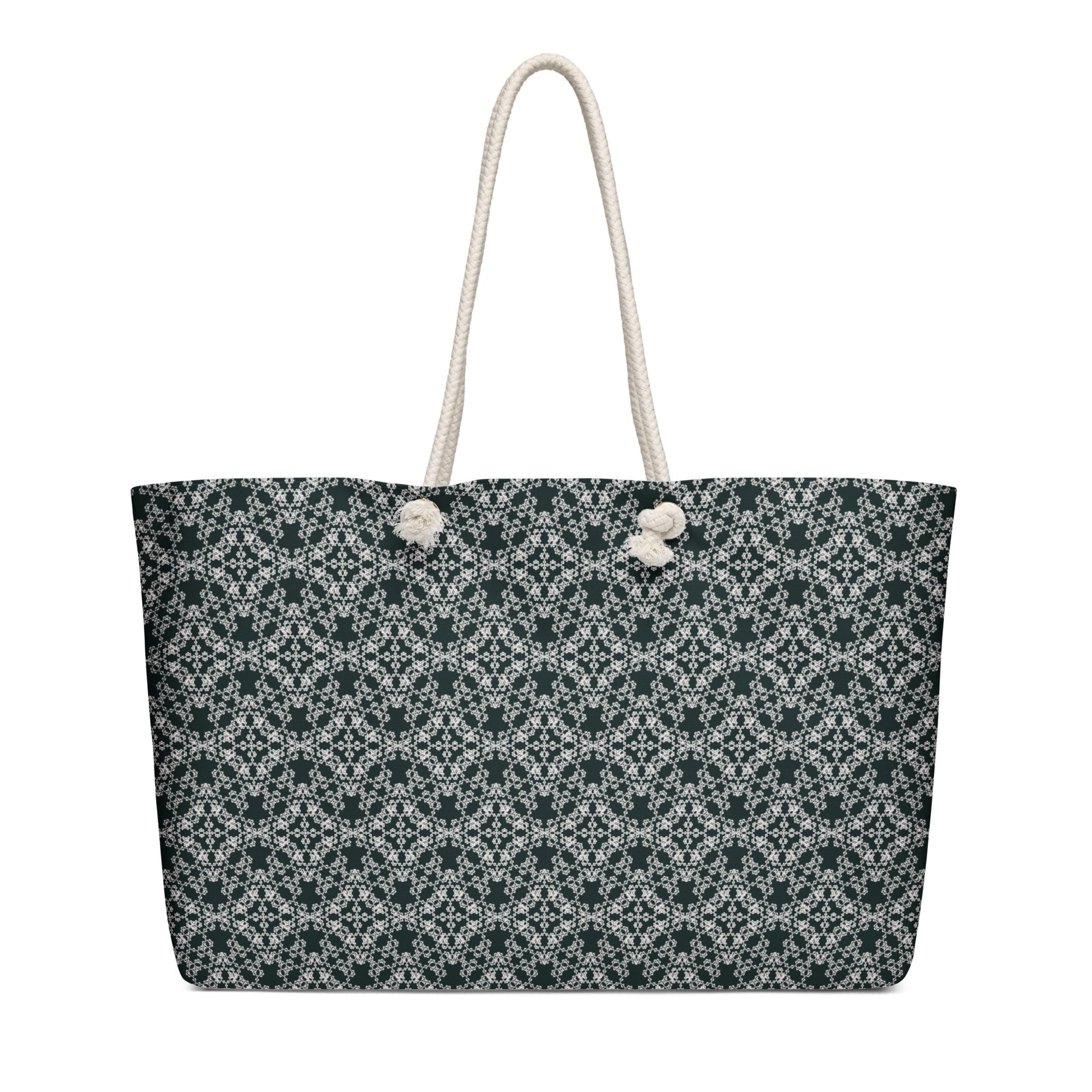 Oversized weekender bag with the 'Quadragon' charcoal and white fractal geometric pattern.
