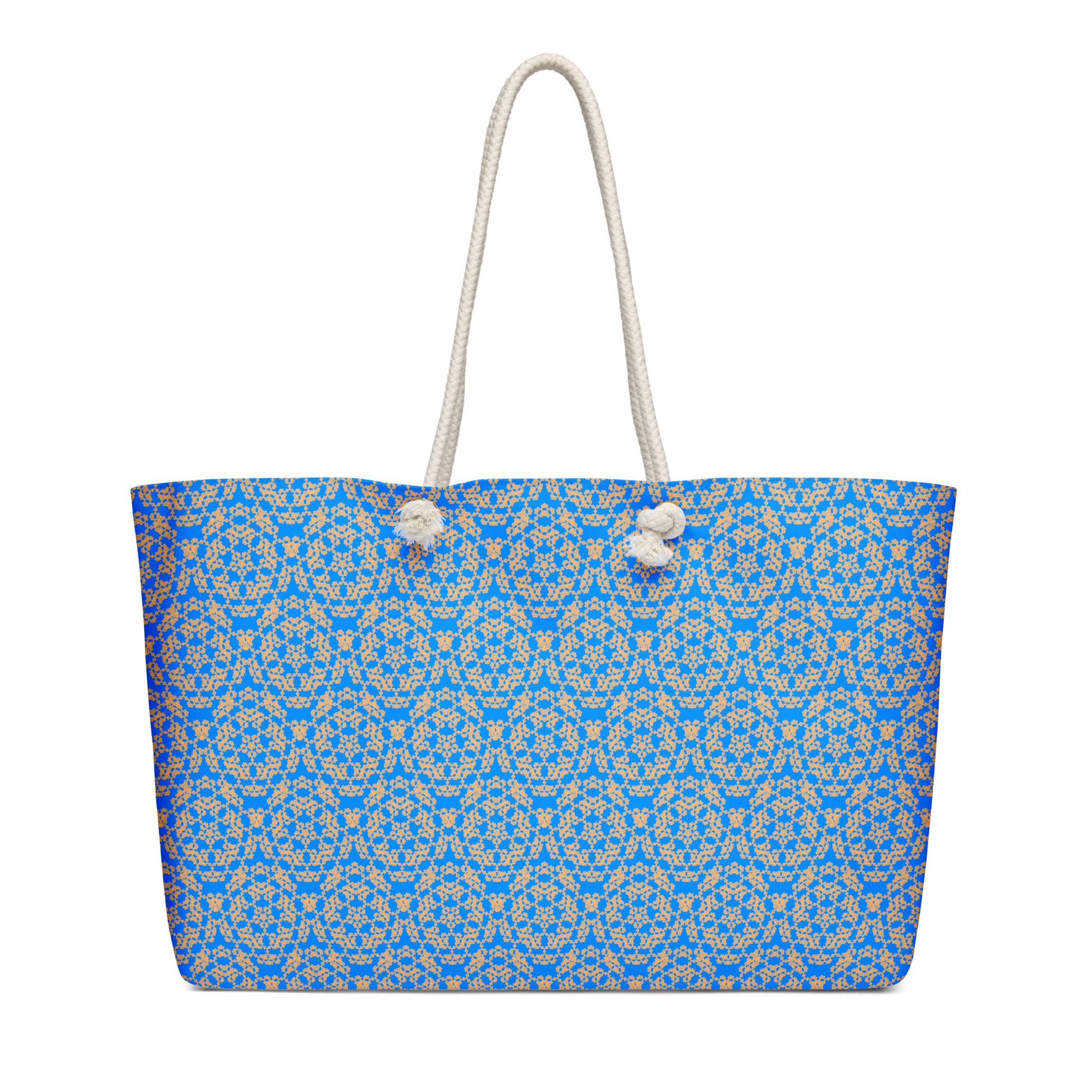 Oversized weekender bag with the 'Pentagon' blue and yellow fractal geometric pattern.