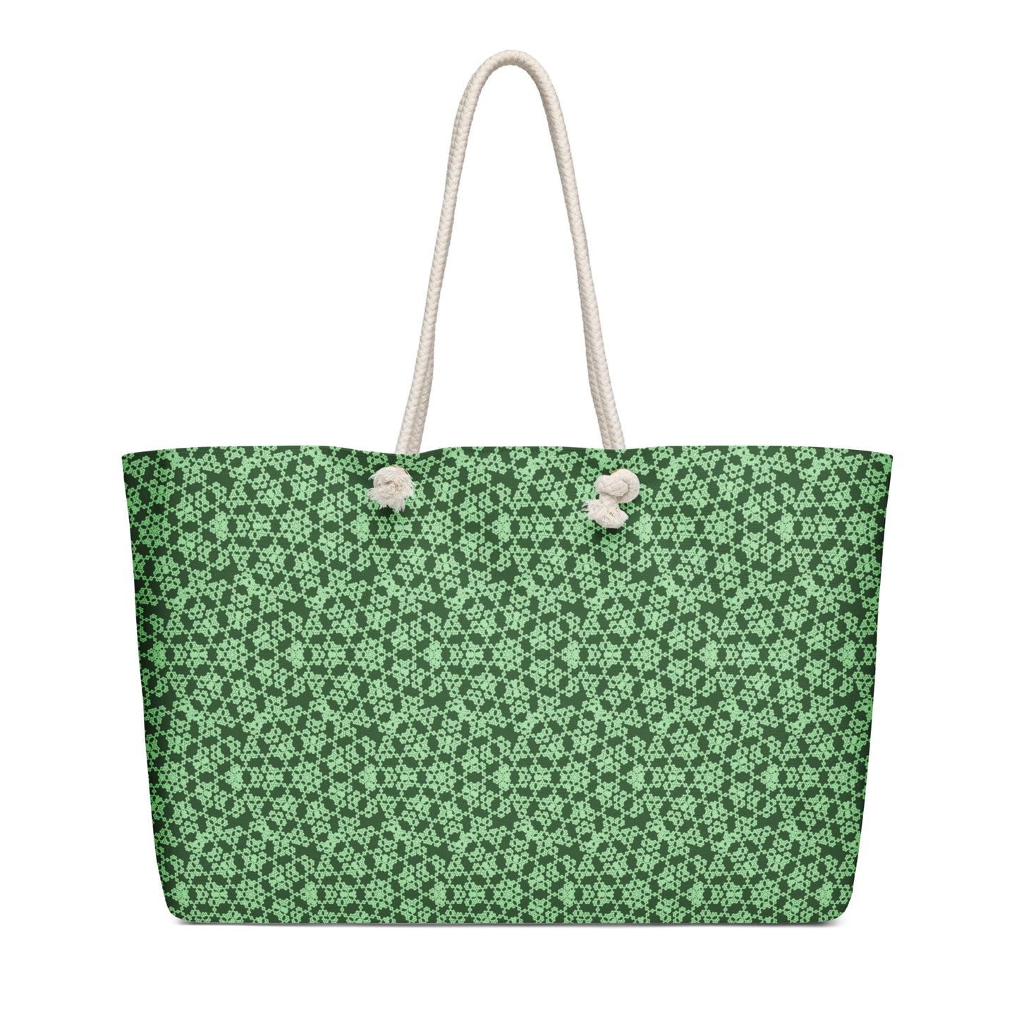 Oversized weekender bag with the 'Heptagon' green fractal geometric pattern.