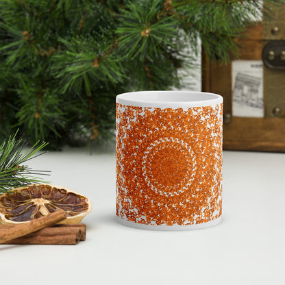 11 oz white glossy mug with the 'The Sun' black and orange fractal design.