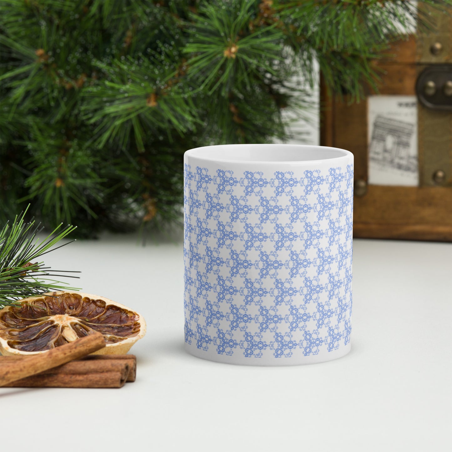 11 oz white glossy mug with the 'Triagon' navy and blue fractal geometric pattern.