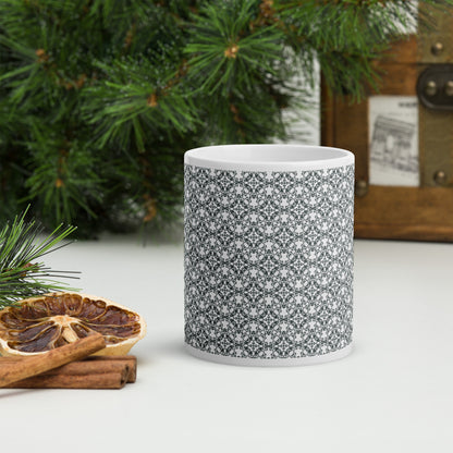 11 oz white glossy mug with the 'Quadragon' charcoal fractal geometric pattern.