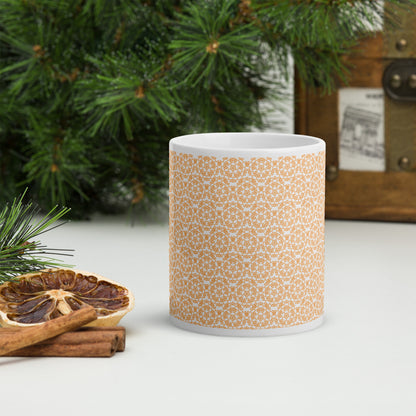 11 oz white glossy mug with the 'Pentagon' yellow fractal geometric pattern.