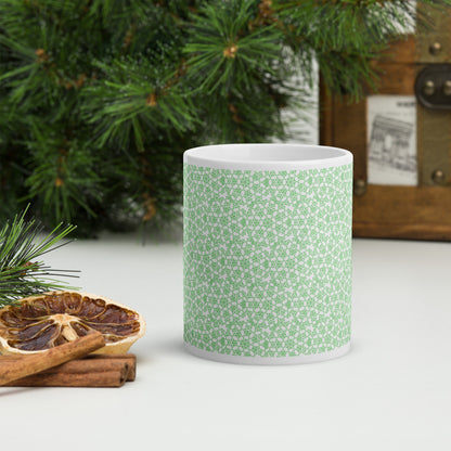 11 oz white glossy mug with the 'Heptagon' green fractal geometric pattern.