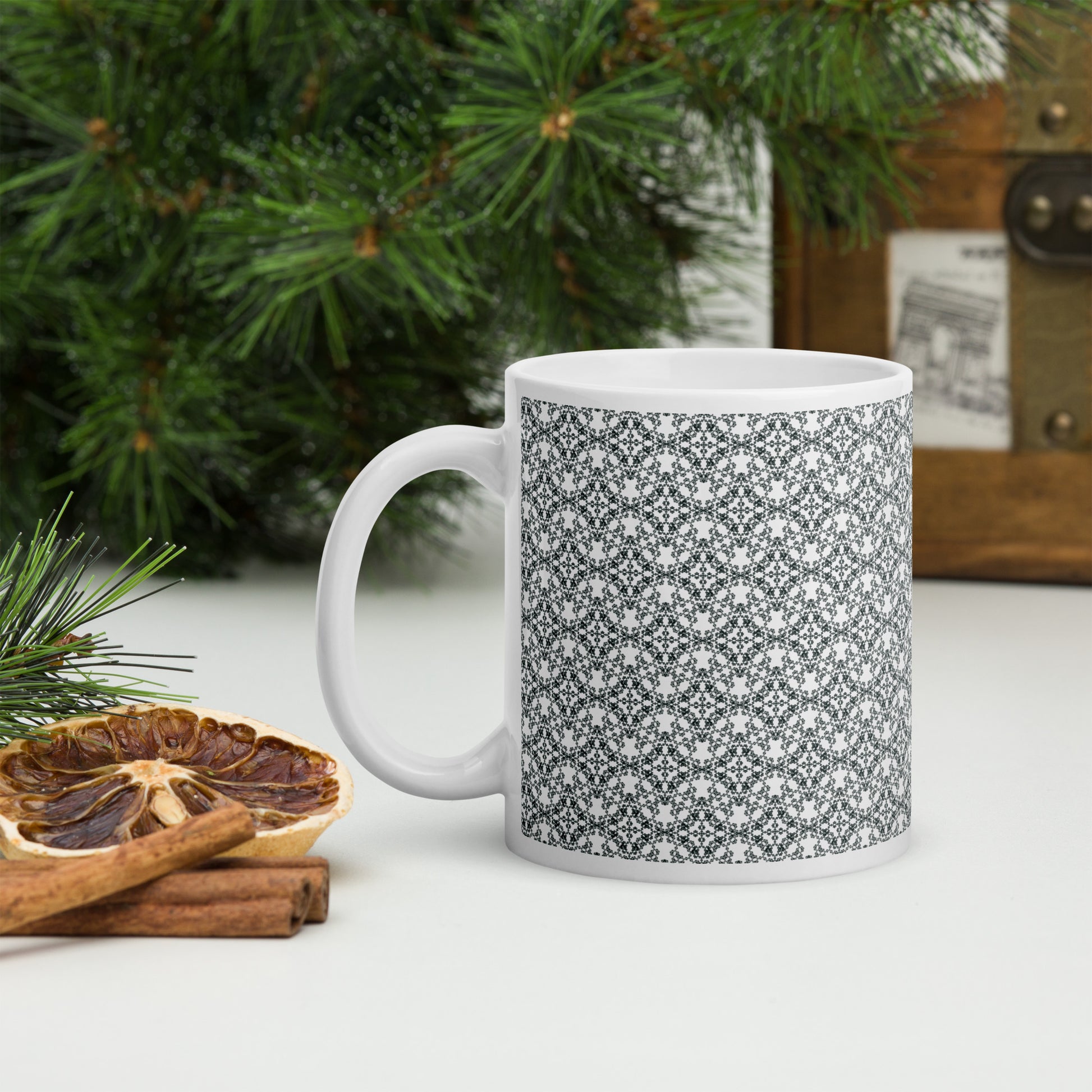 11 oz white glossy mug with the 'Quadragon' charcoal fractal geometric pattern.