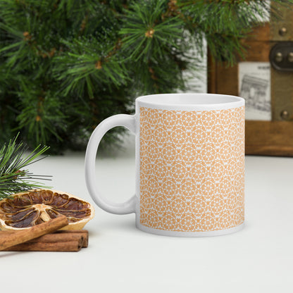 11 oz white glossy mug with the 'Pentagon' yellow fractal geometric pattern.