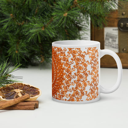 11 oz white glossy mug with the 'The Sun' black and orange fractal design.