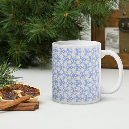 11 oz white glossy mug with the 'Triagon' navy and blue fractal geometric pattern.