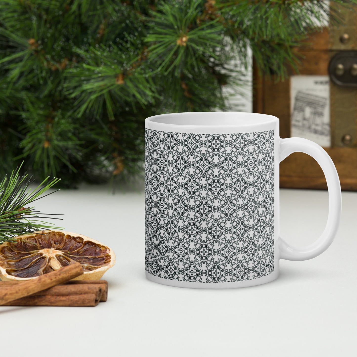 11 oz white glossy mug with the 'Quadragon' charcoal fractal geometric pattern.