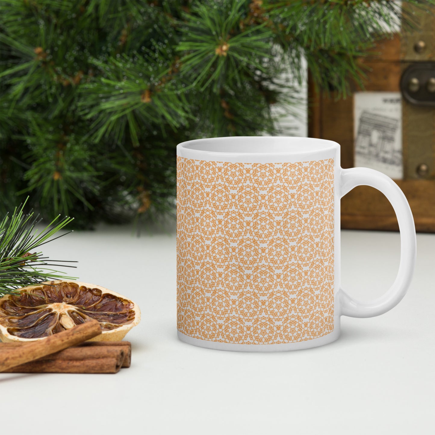 11 oz white glossy mug with the 'Pentagon' yellow fractal geometric pattern.