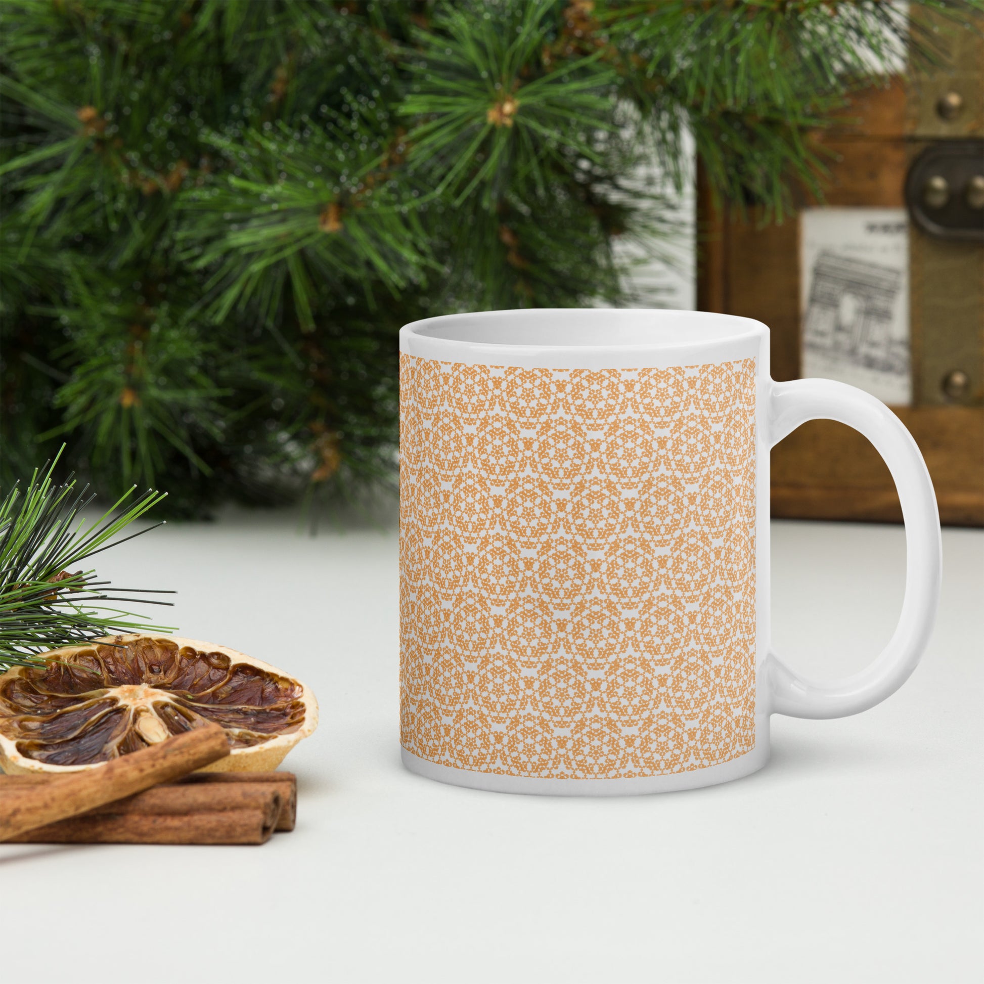 11 oz white glossy mug with the 'Pentagon' yellow fractal geometric pattern.