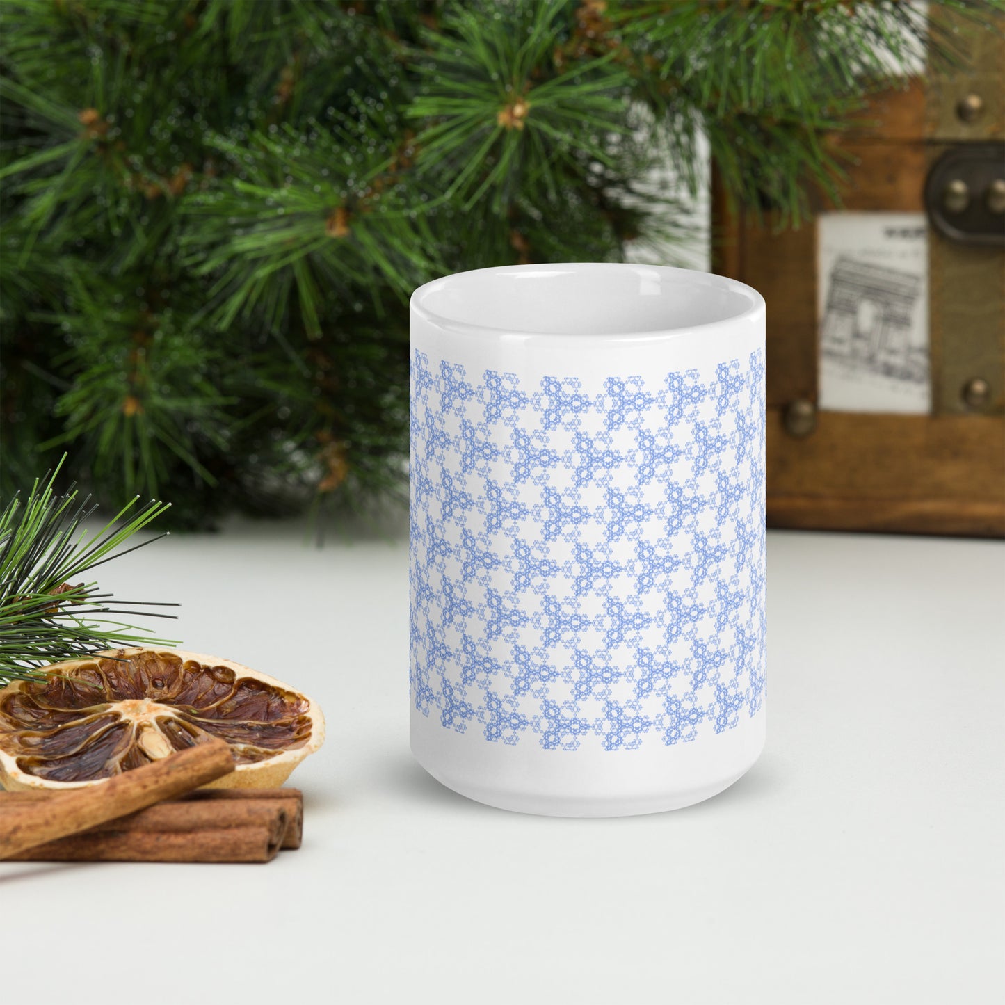 15 oz white glossy mug with the 'Triagon' navy and blue fractal geometric pattern.