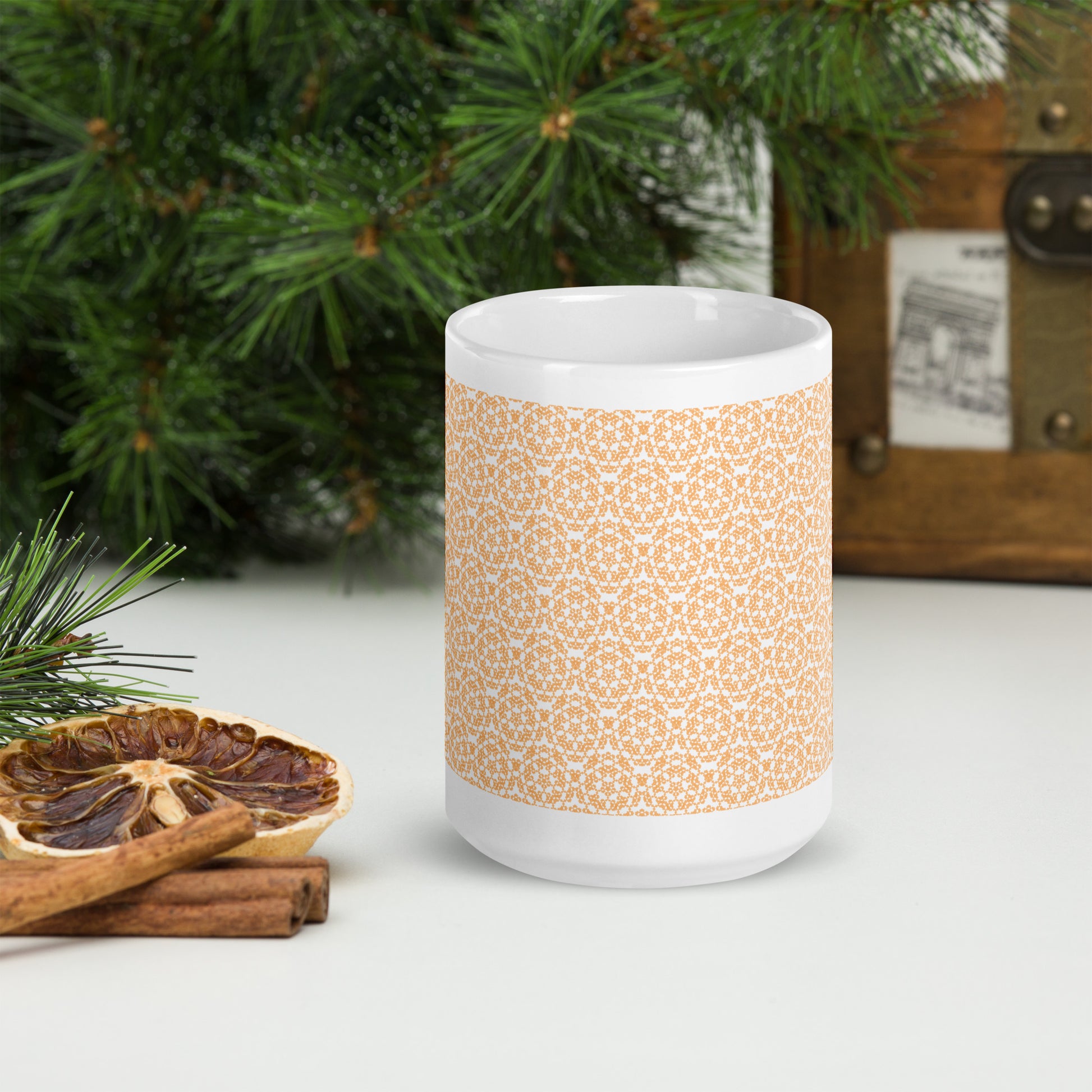 15 oz white glossy mug with the 'Pentagon' yellow fractal geometric pattern.
