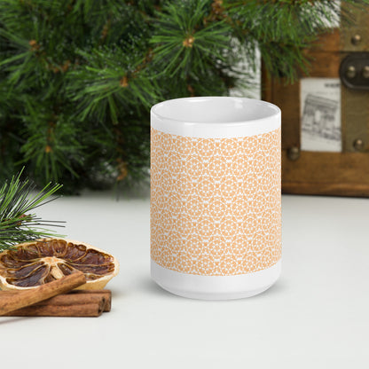 15 oz white glossy mug with the 'Pentagon' yellow fractal geometric pattern.