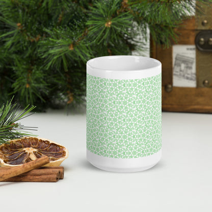 15 oz white glossy mug with the 'Heptagon' green fractal geometric pattern.