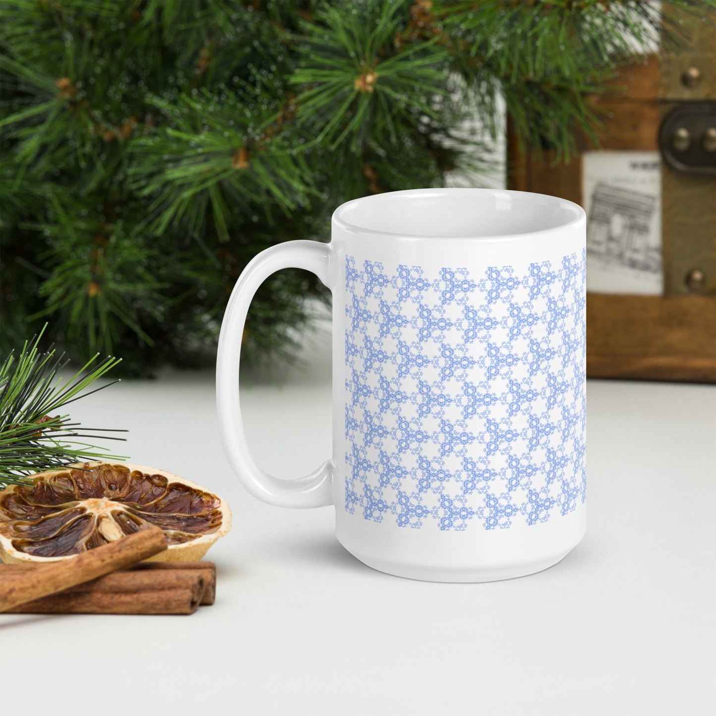 15 oz white glossy mug with the 'Triagon' navy and blue fractal geometric pattern.