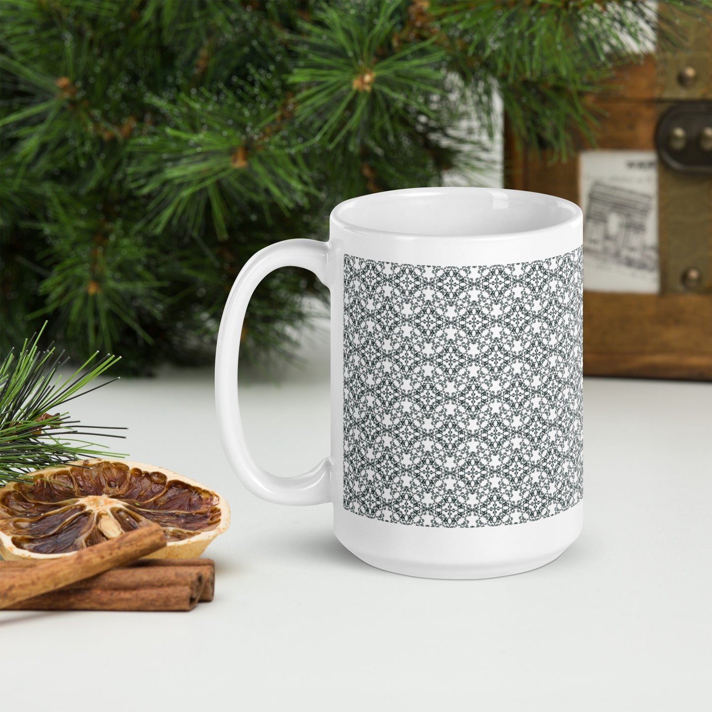 15 oz white glossy mug with the 'Quadragon' charcoal fractal geometric pattern.
