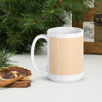 15 oz white glossy mug with the 'Pentagon' yellow fractal geometric pattern.