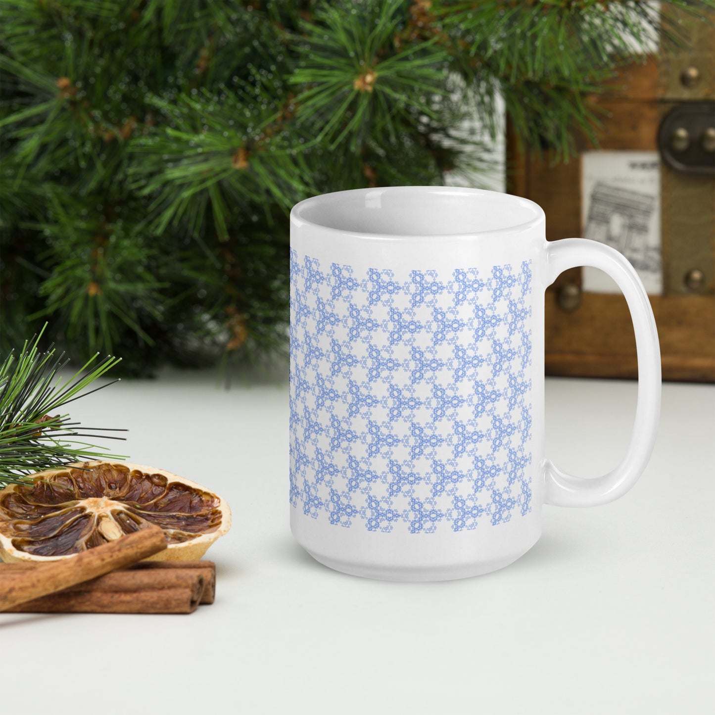 15 oz white glossy mug with the 'Triagon' navy and blue fractal geometric pattern.