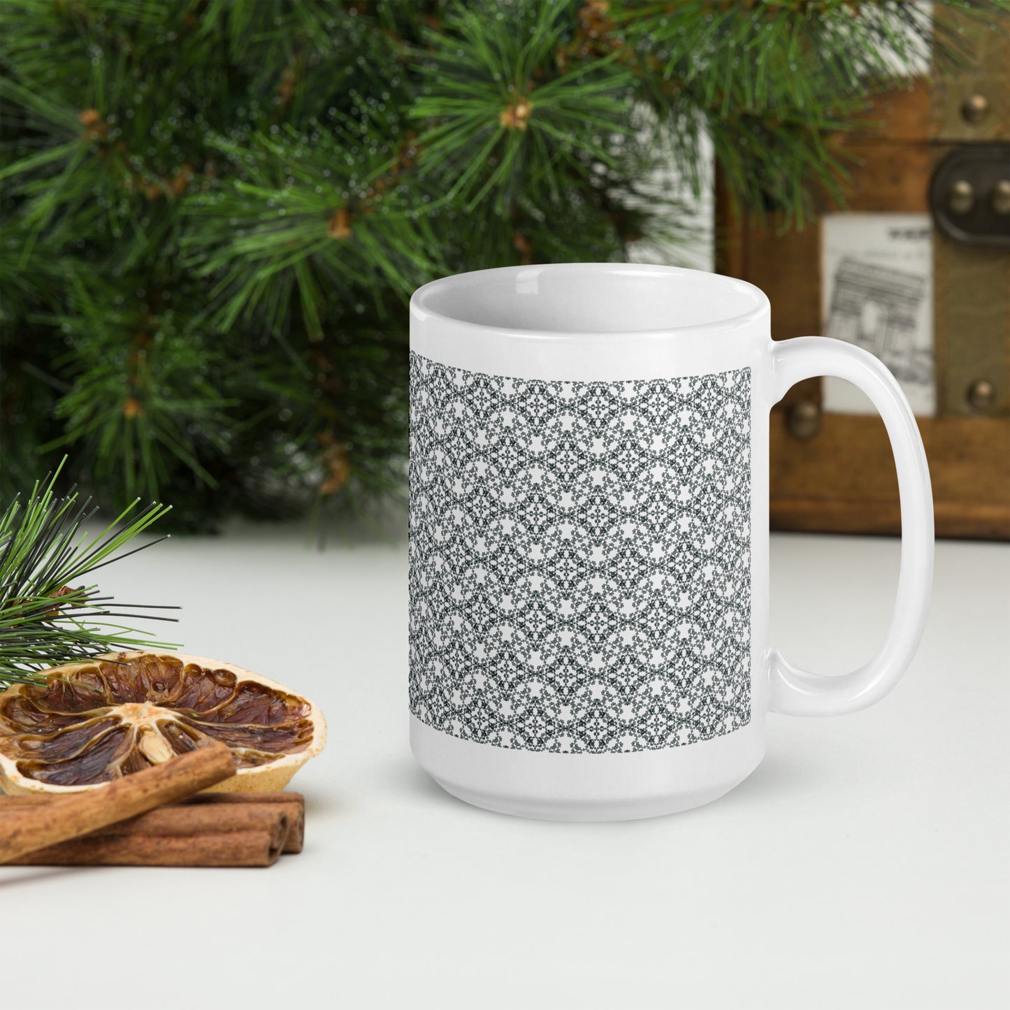 15 oz white glossy mug with the 'Quadragon' charcoal fractal geometric pattern.