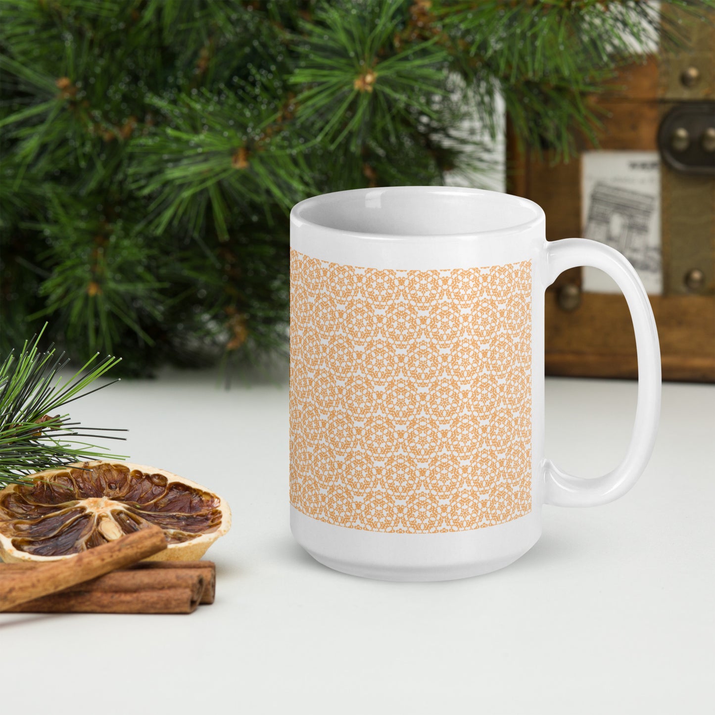 15 oz white glossy mug with the 'Pentagon' yellow fractal geometric pattern.