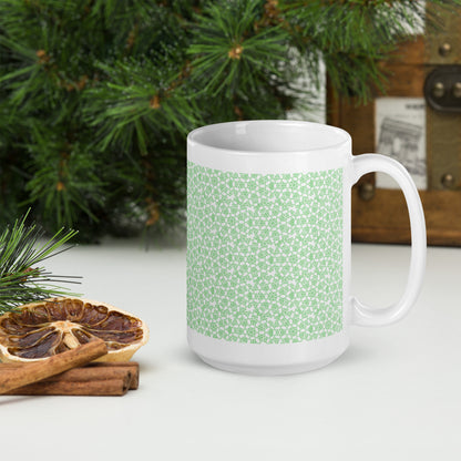 15 oz white glossy mug with the 'Heptagon' green fractal geometric pattern.