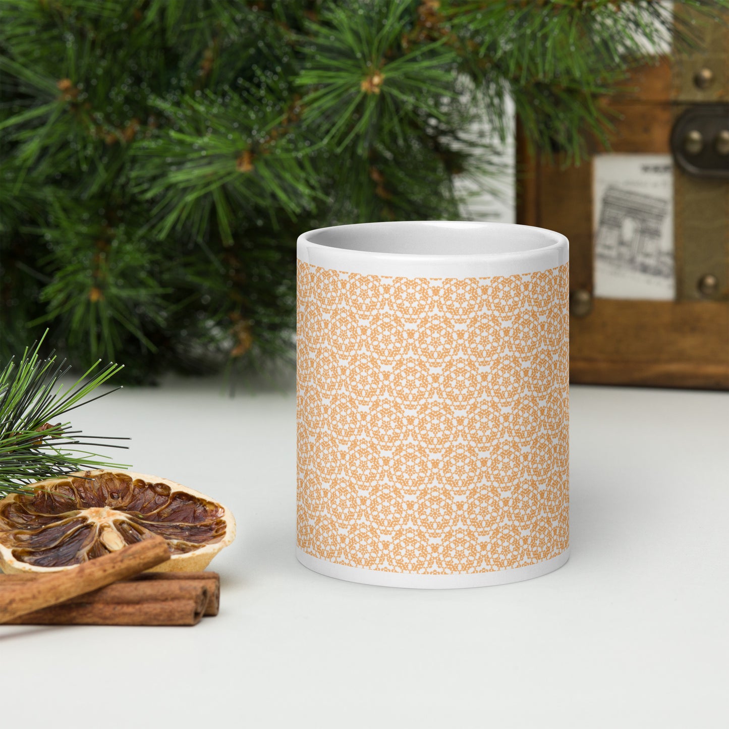 20 oz white glossy mug with the 'Pentagon' yellow fractal geometric pattern.
