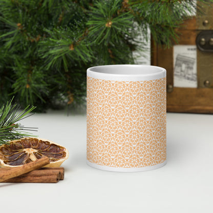 20 oz white glossy mug with the 'Pentagon' yellow fractal geometric pattern.