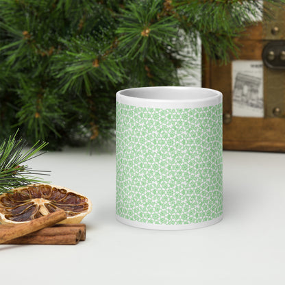 20 oz white glossy mug with the 'Heptagon' green fractal geometric pattern.