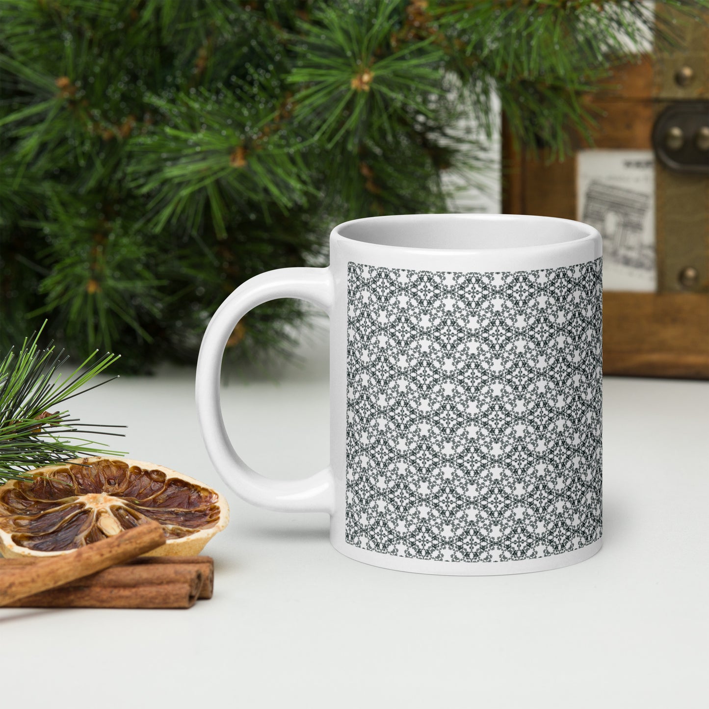 20 oz white glossy mug with the 'Quadragon' charcoal fractal geometric pattern.