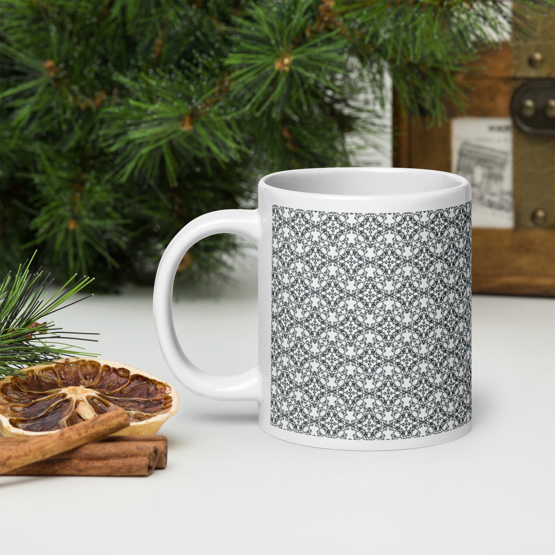 20 oz white glossy mug with the 'Quadragon' charcoal fractal geometric pattern.