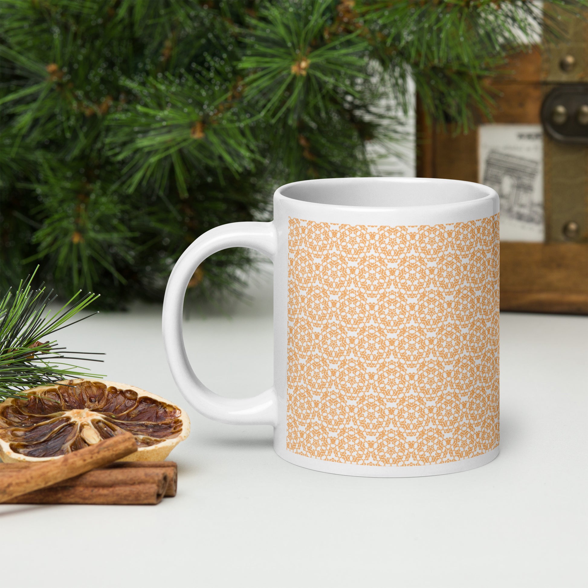 20 oz white glossy mug with the 'Pentagon' yellow fractal geometric pattern.