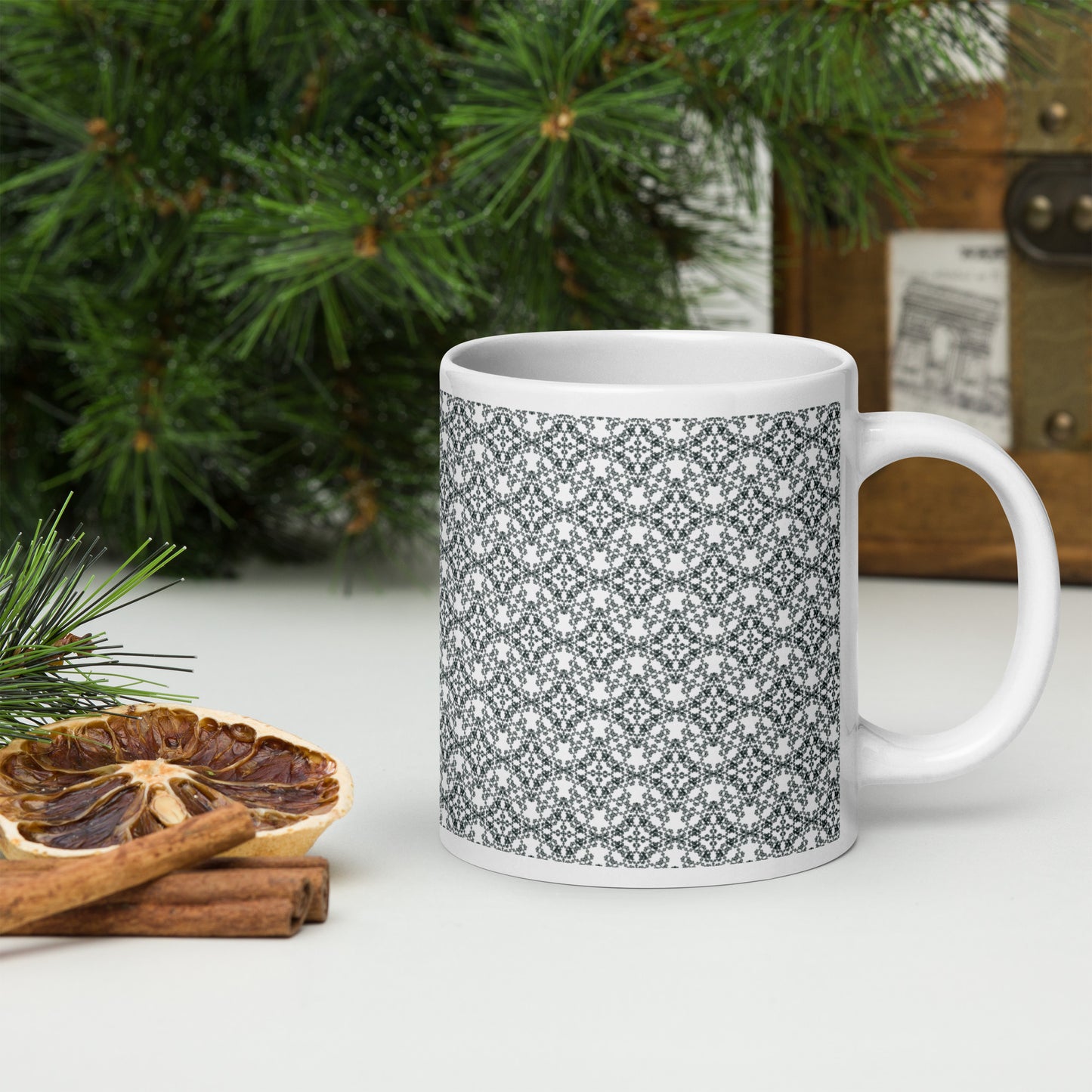 20 oz white glossy mug with the 'Quadragon' charcoal fractal geometric pattern.