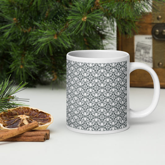 20 oz white glossy mug with the 'Quadragon' charcoal fractal geometric pattern.